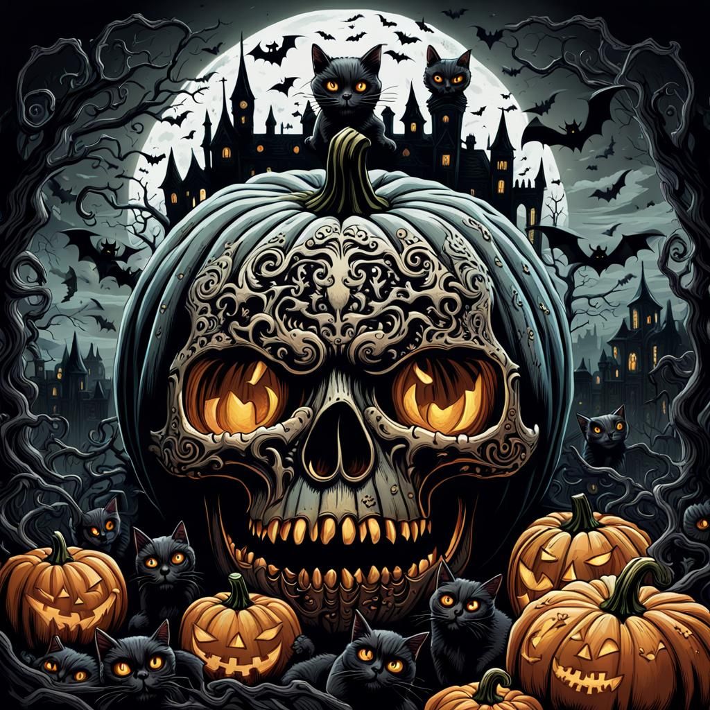 Eerie Biomechanical Halloween Skull Illustration