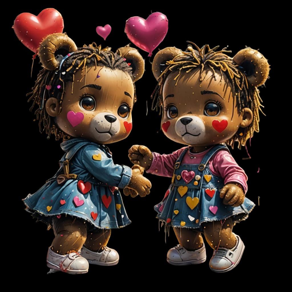 Baby Girls Playing with Teddy Bears in Graffiti Art