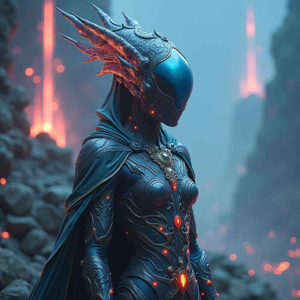 Regal Saturn Alien in Futuristic Landscape, Unreal Engine