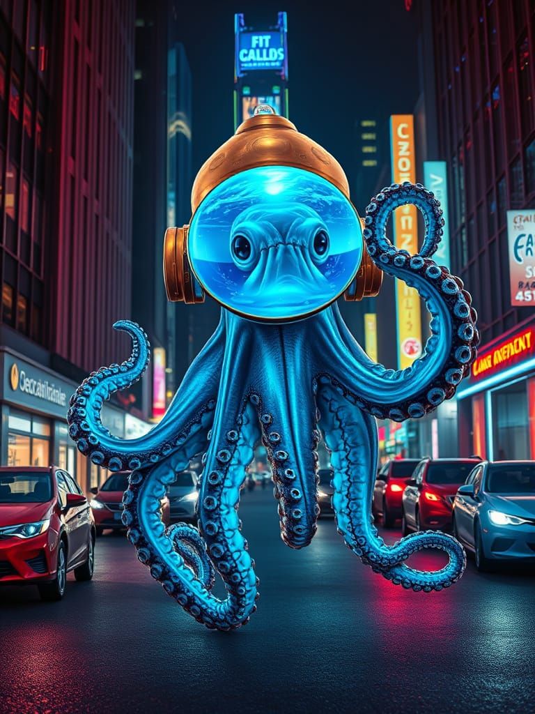 Ethereal Octopus Hitchhiking in Bioluminescent Cityscape