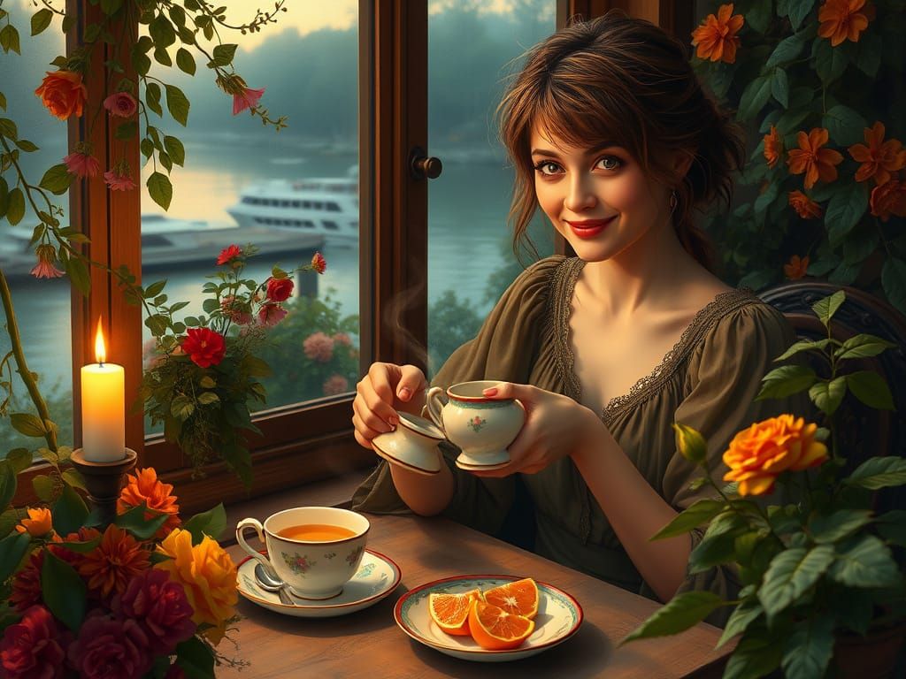 Cozy Riverscape with Enchanting Lady in Whimsical Atmosphere