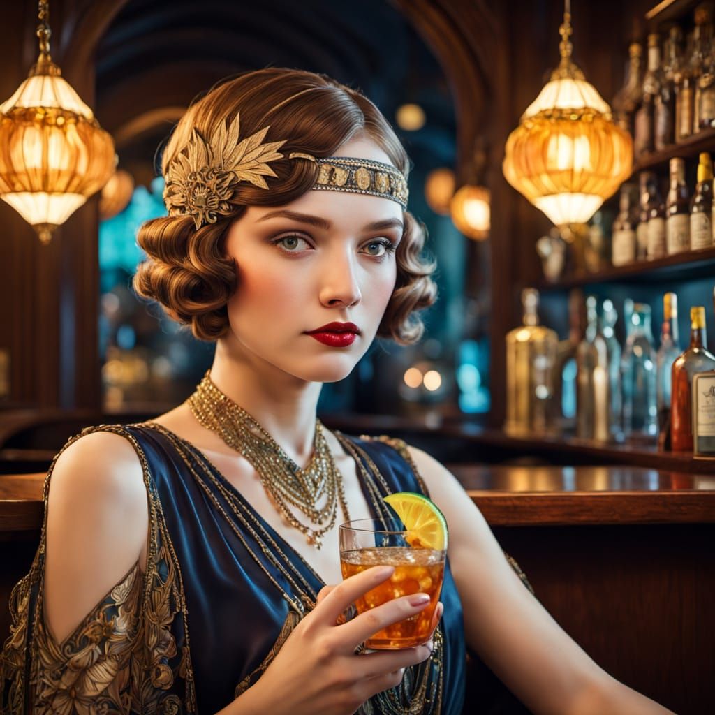 Art Deco Woman at Bar in Alphonse Mucha Style