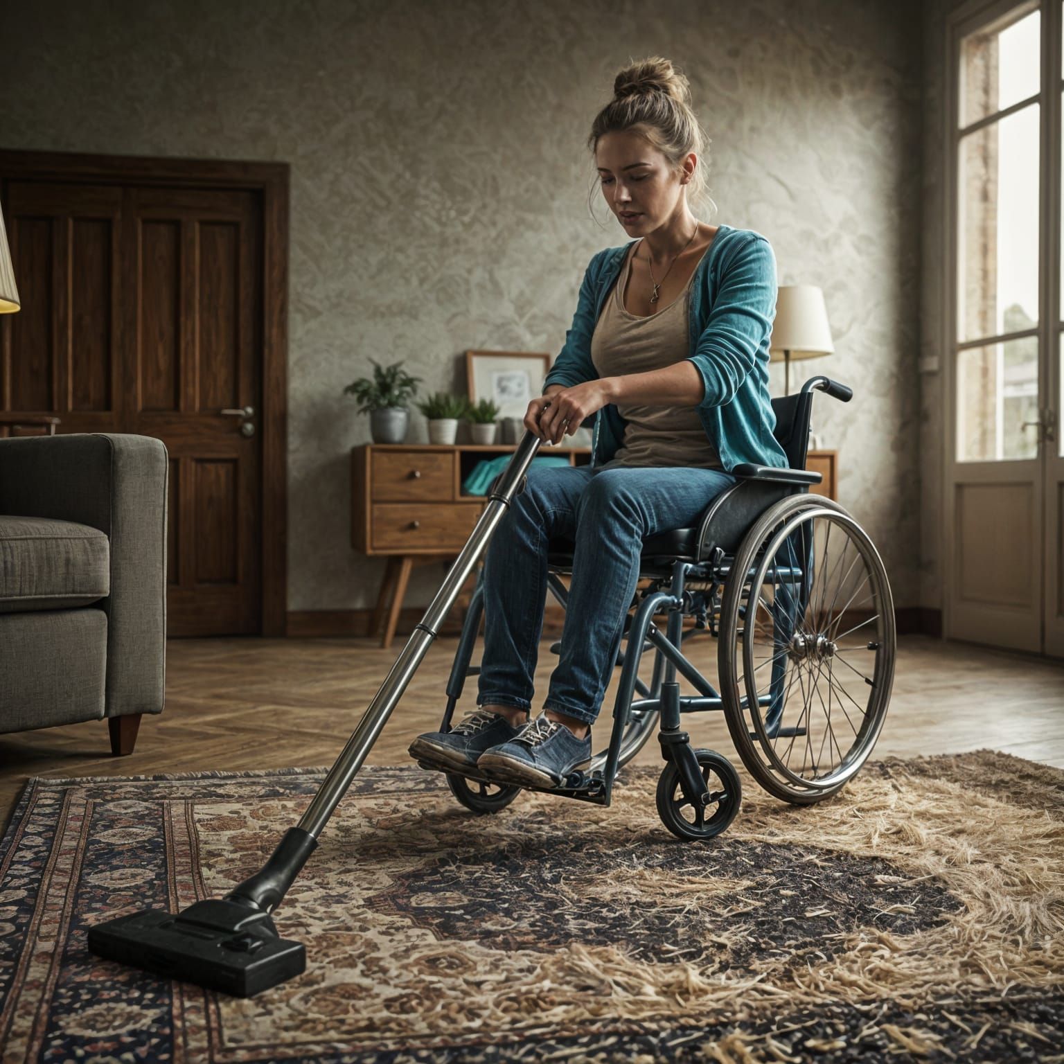 Determined Woman in Wheelchair Tackles Chores on Colorful Ca...