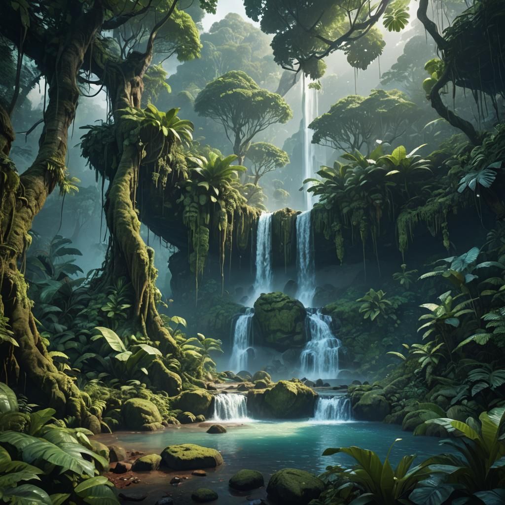 Lush Rainforest Waterfall in Fantasy Style
