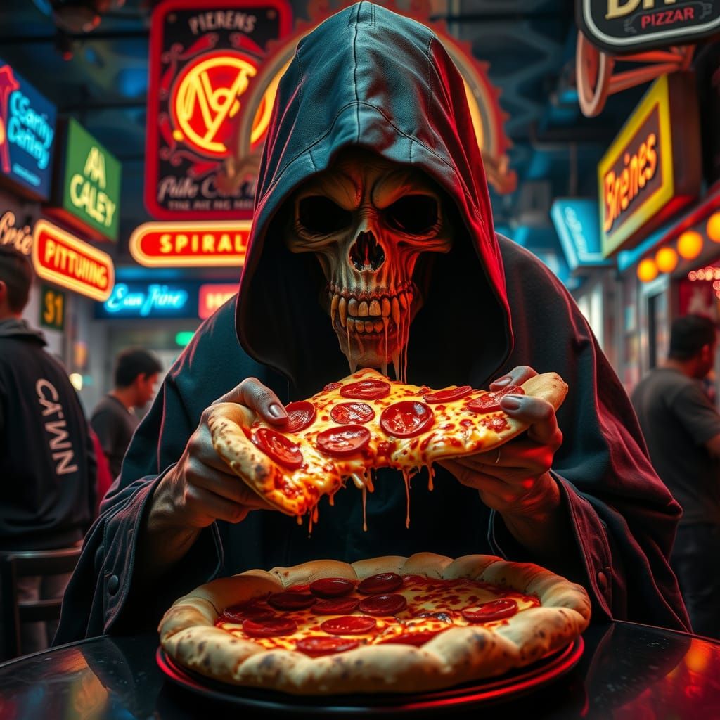 A closeup of the grim reaper eating a pizza. The pizza has p...