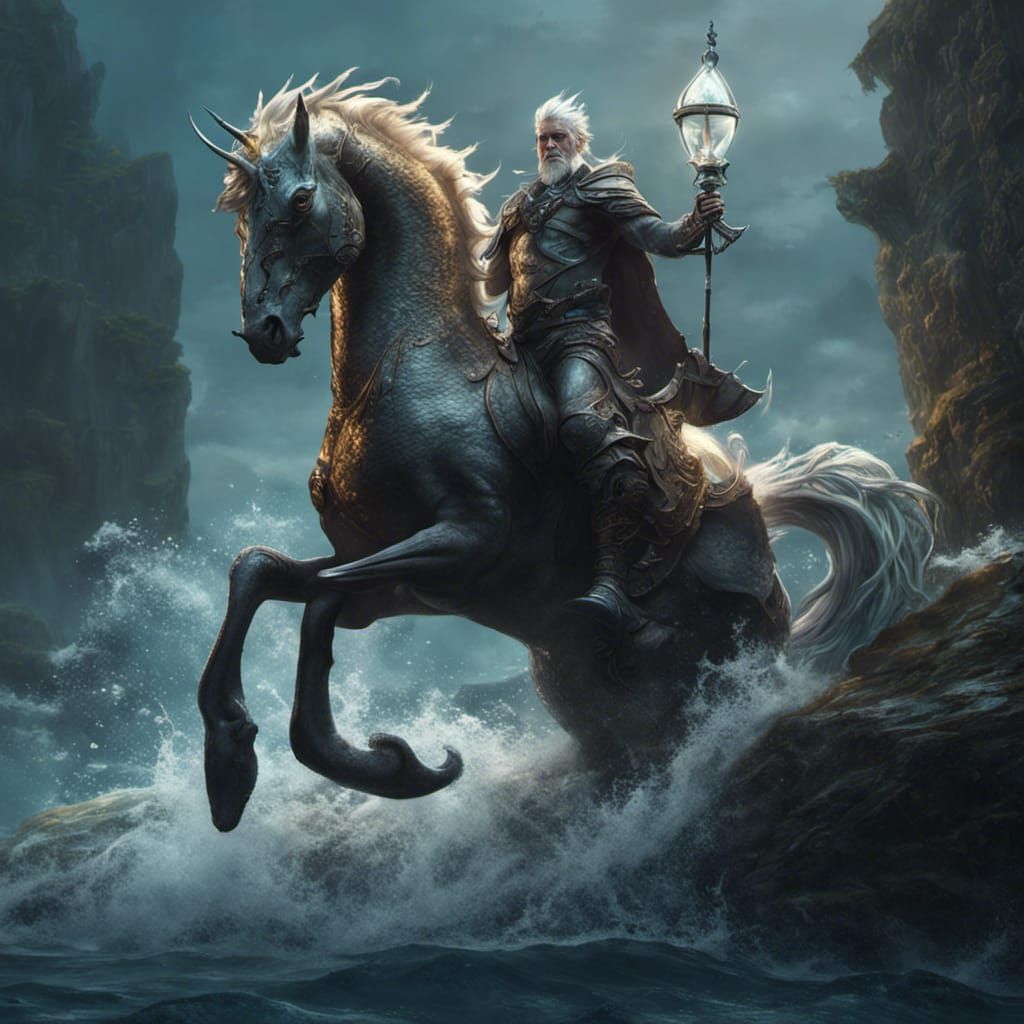 Water Elf on Seahorse: Dark Fantasy Art