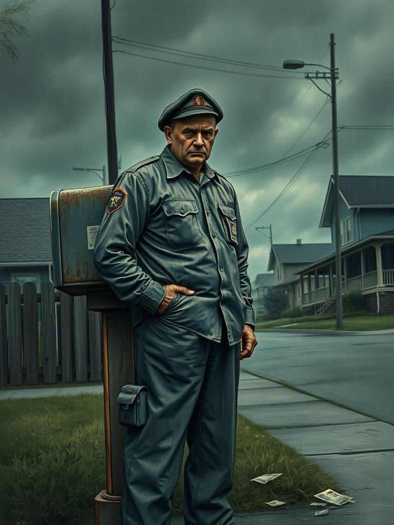 Frustrated Postman in Stormy Suburban Scene