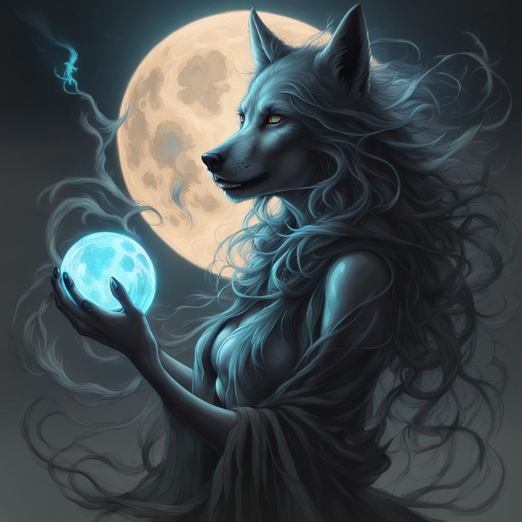Glowing Werewolf and Witch Under Bioluminescent Moon