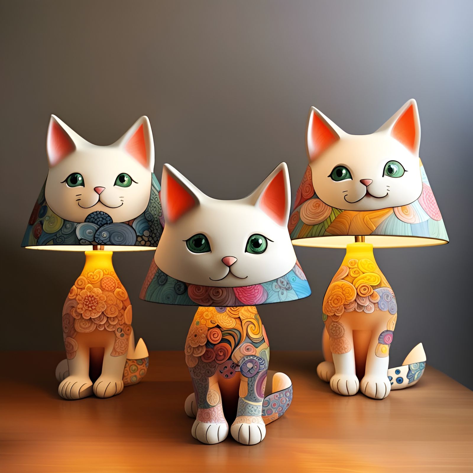 Whimsical, Handmade, Hand-painted, Ceramic Cat Lamps