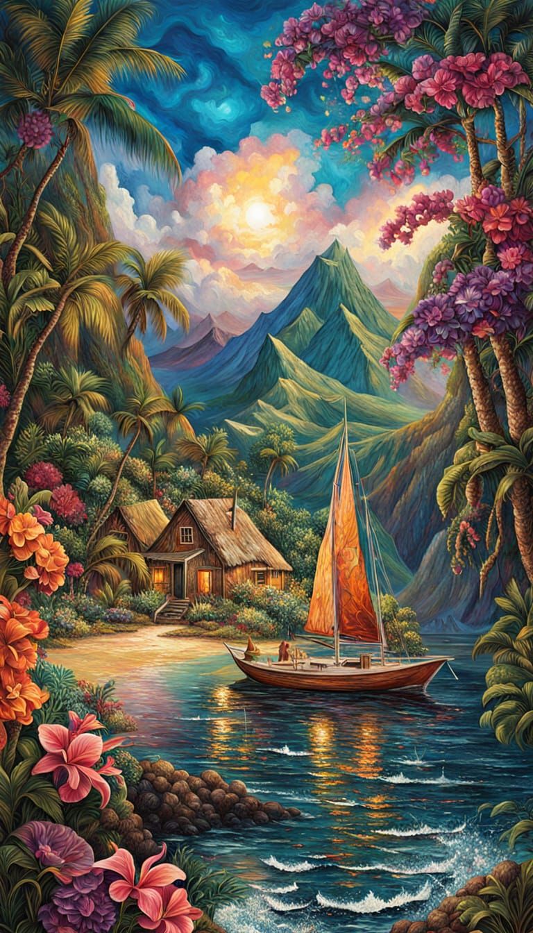 Vibrant Hawaiian Scene with Sailboat and Volcanic Mountain