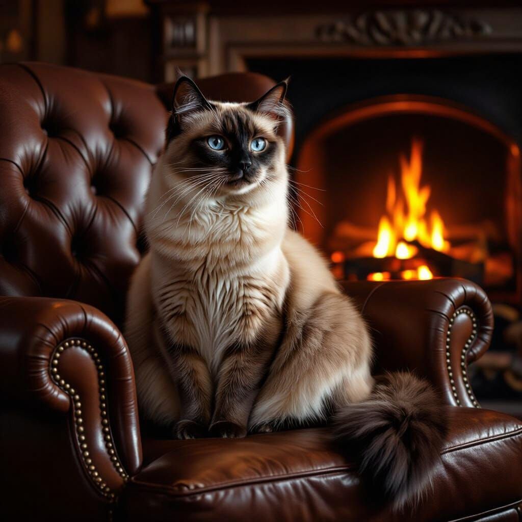 Majestic Siamese Cat by Warm Fireplace in Matte Painting Sty...
