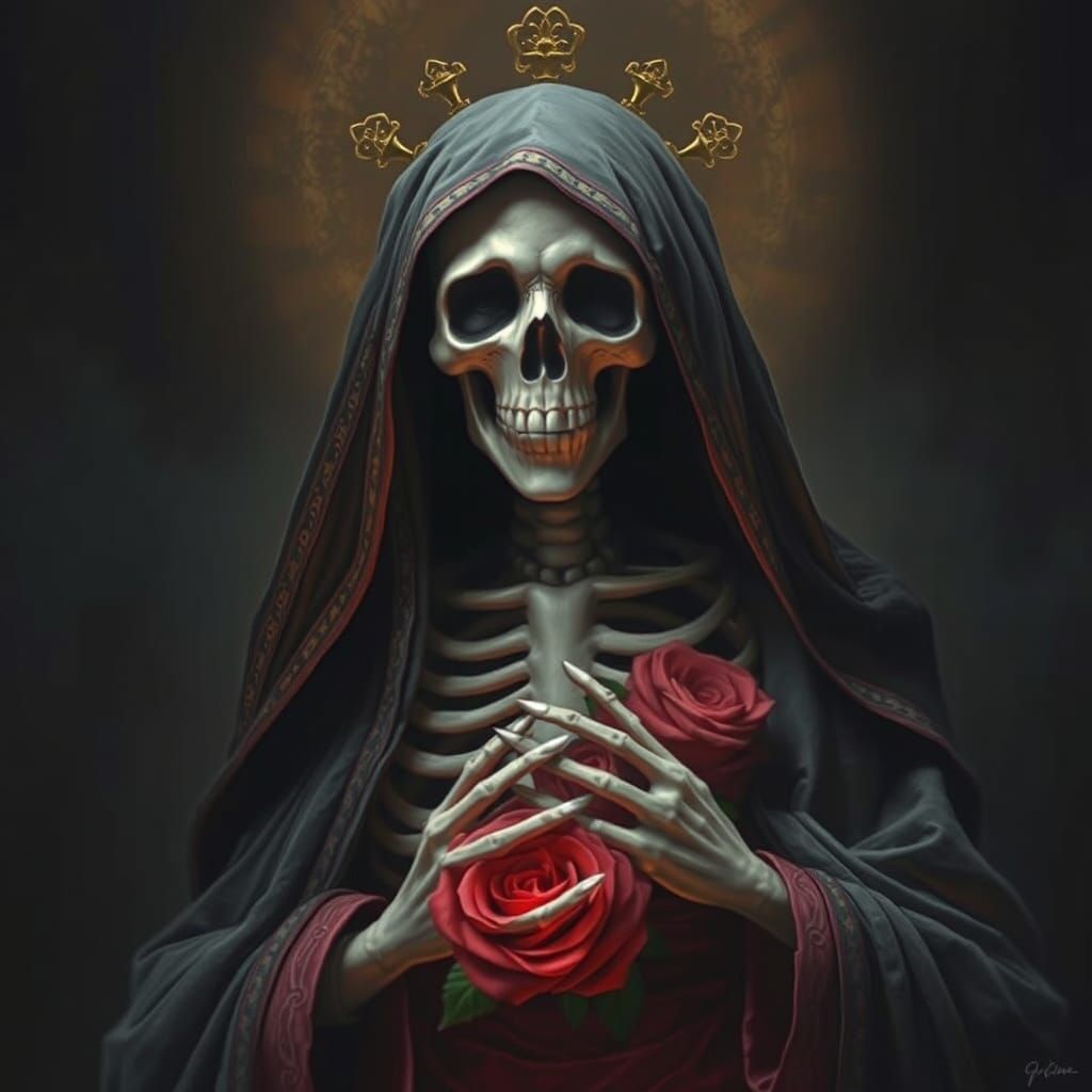 Photorealistic Portrait of Santa Muerte in Dark Horror Style
