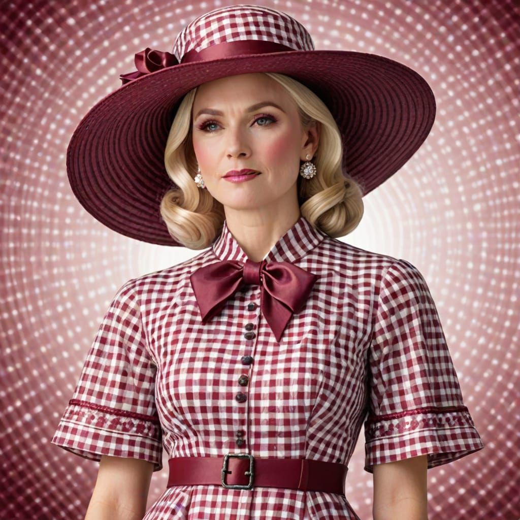 Elegant Blonde Woman in Vibrant Gingham Print Dress and Hat