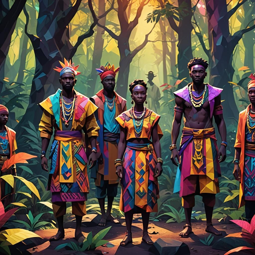 Colorful Exus in Mystical Forest: Low-Poly Art