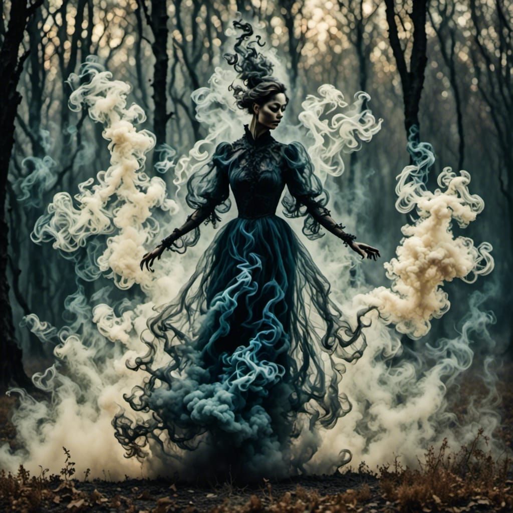 Smoky Ghost Maiden in Birch Forest Watercolor