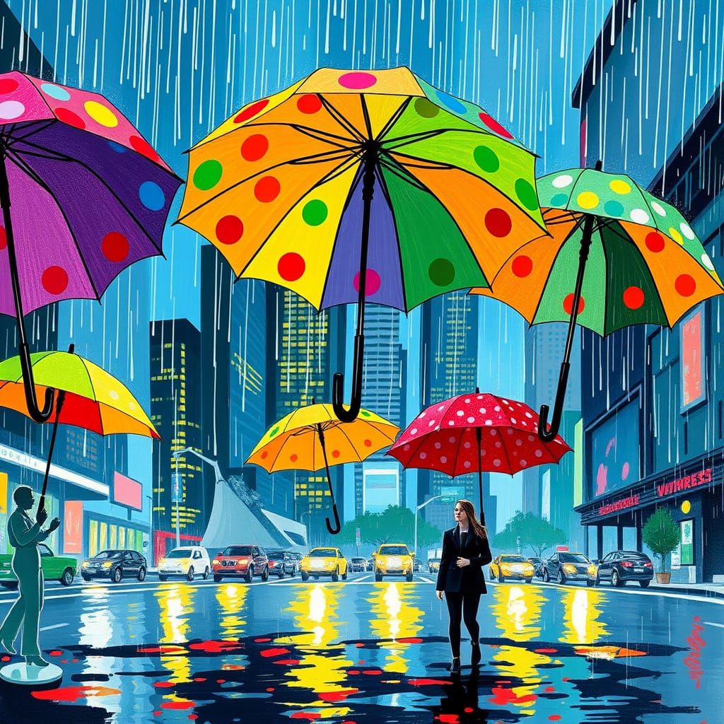 Polka Dot Umbrellas in a Whimsical Futuristic Cityscape