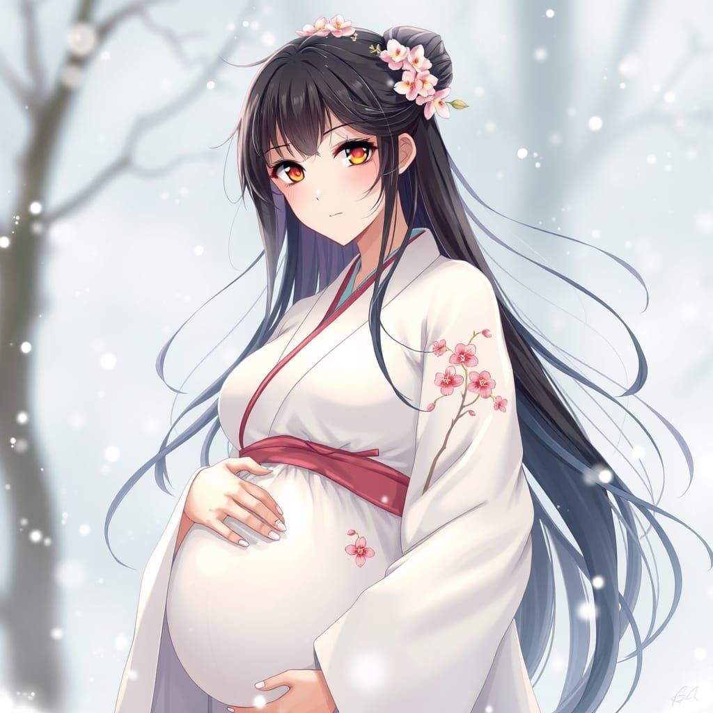 Pregnant Anime Concubine in Snowy Kimono