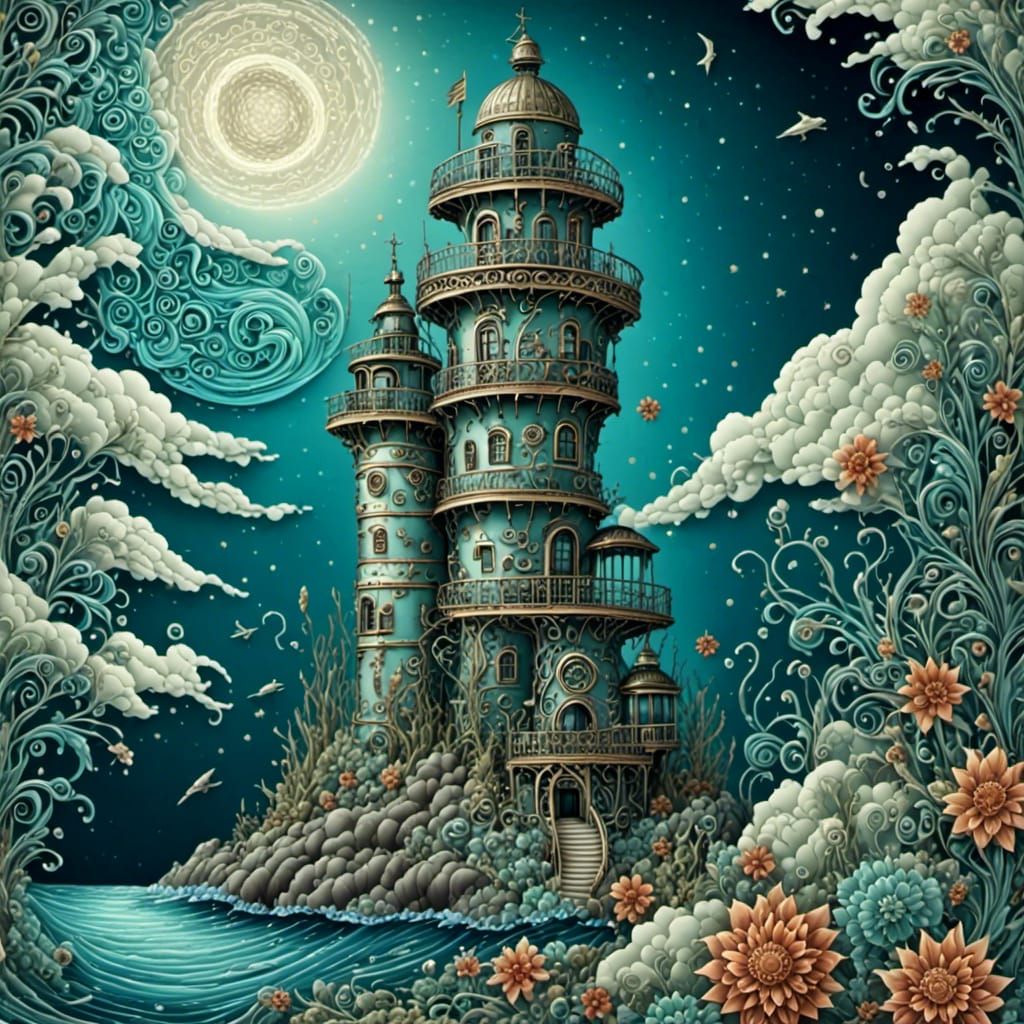 <lora:NightCritter 1p0:1.0> <lora:Let:1.0> A lighthouse with metallic zentangle ornaments. Beautiful sky and sea, gradie...
