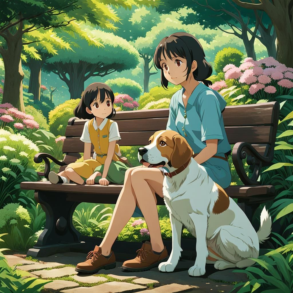 Indian Women with Beagle in Anime Garden Scene