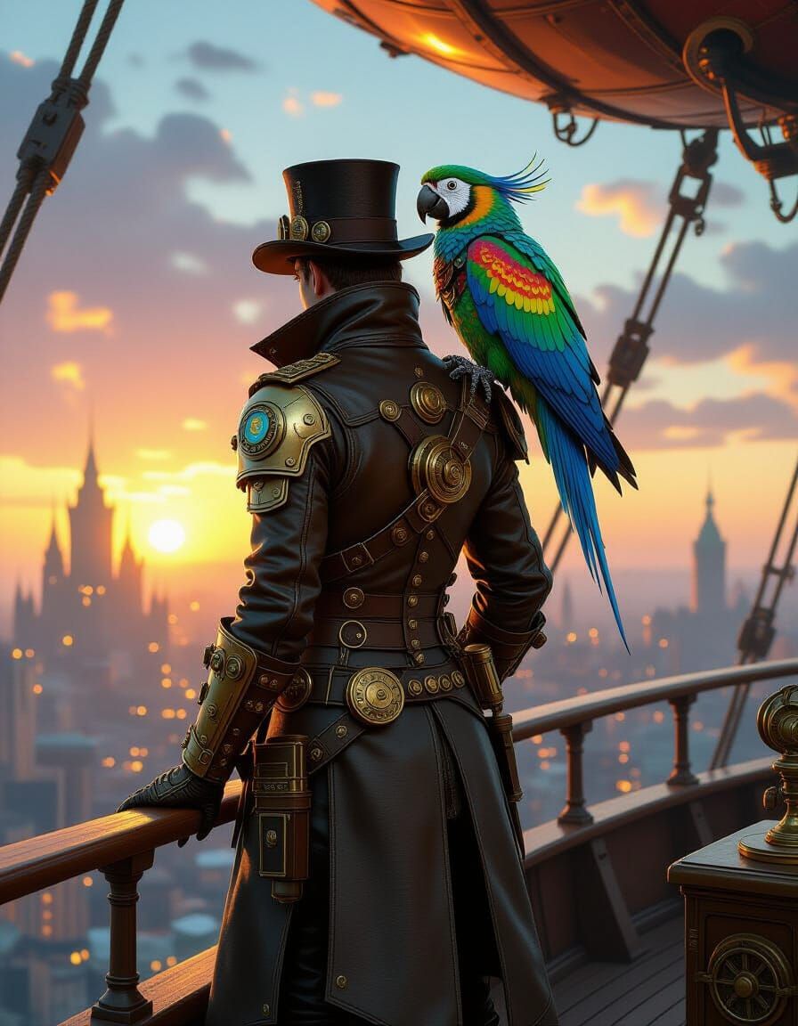 Steampunk Airship Captain and Cybernetic Parrot at Sunset