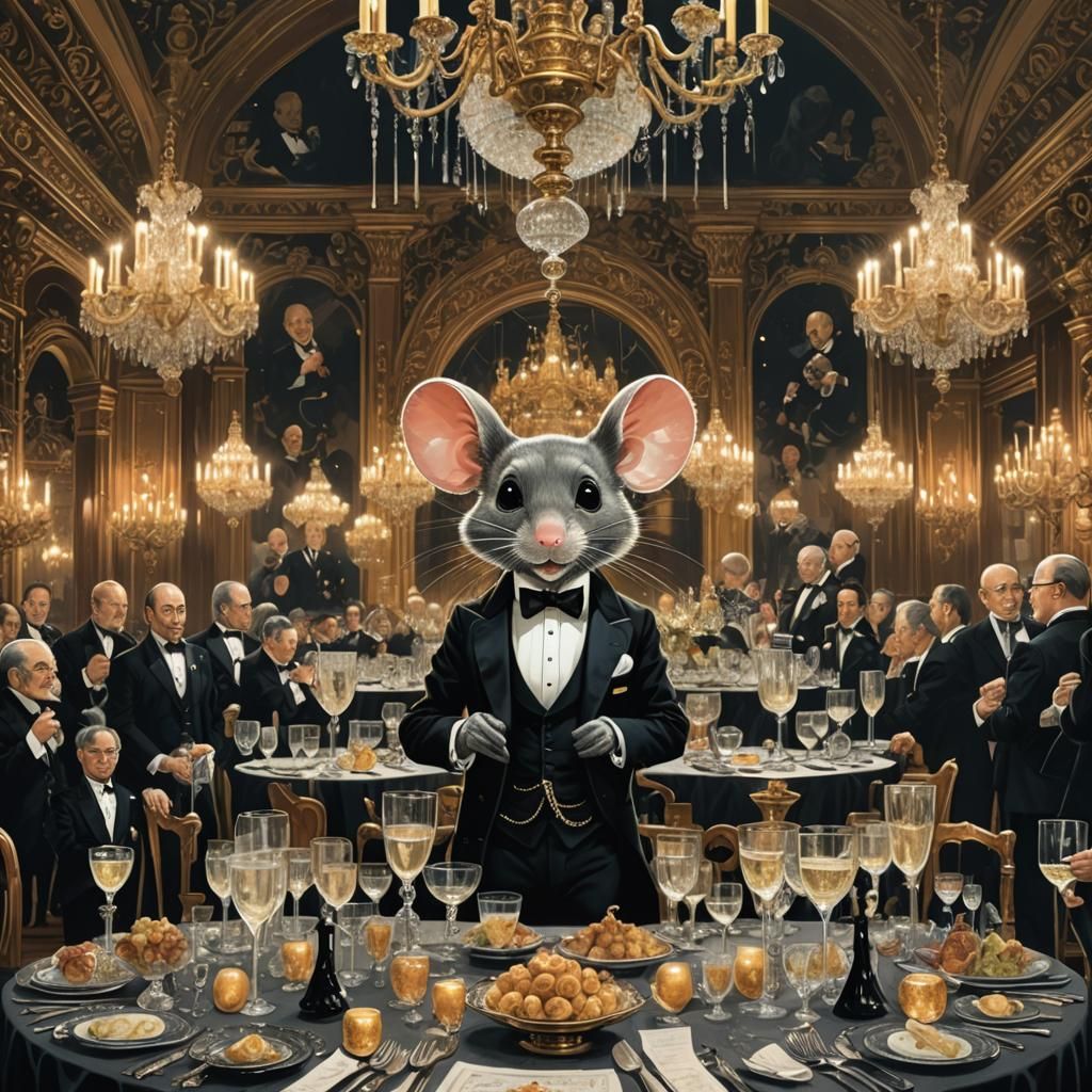 Mouse in Tuxedo at Lavish Ballroom Table