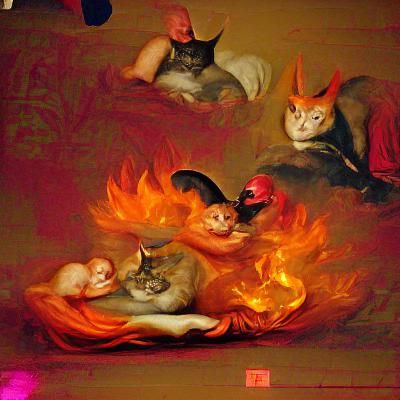 Flaming Cats in Renaissance Painting Style