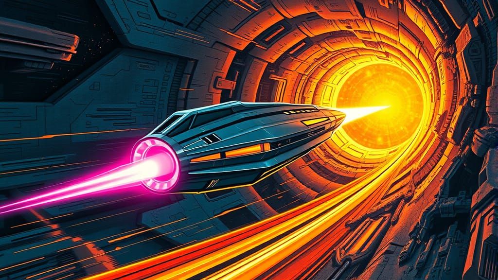 Cyberpunk Spacecraft Speeds Through Wormhole