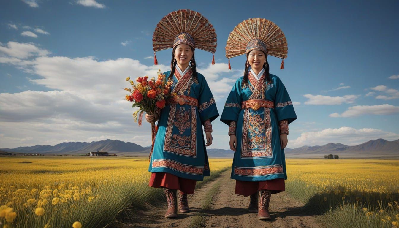 Mongolian Girls Celebrate with Vibrant Headdresses and Embro...