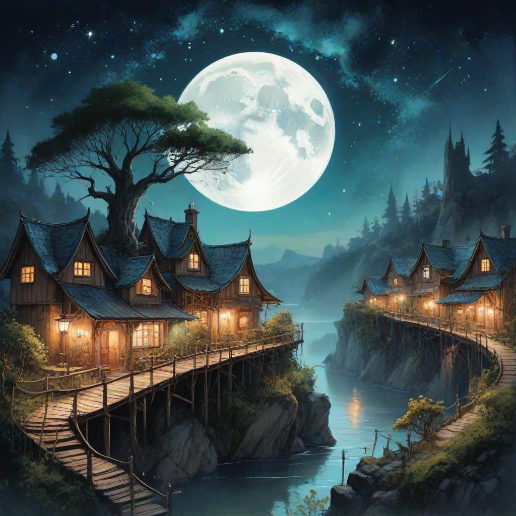 Cosmic Crescent Moon Village in Carne Griffiths Style