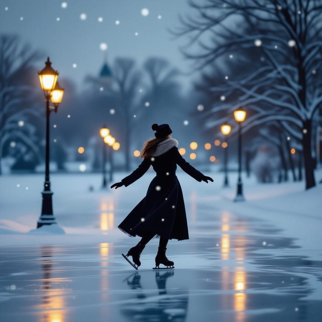 Figure Skater on Frozen Lake at Dusk with Vintage Streetligh...