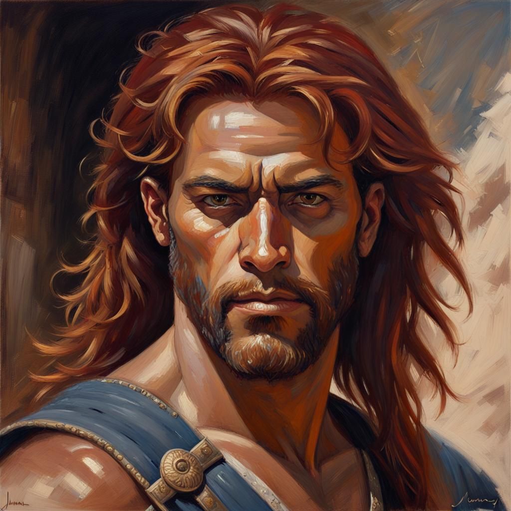 Auburn-Haired Arabian Warrior Portrait as Oil Painting