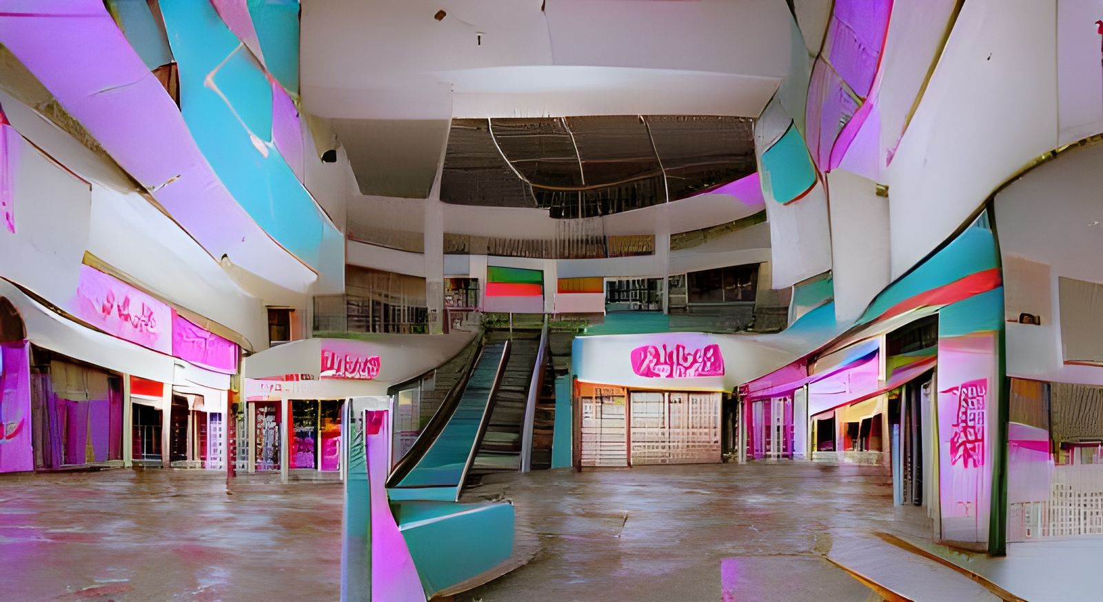 Empty 90s Shopping Mall in Vaporwave Style
