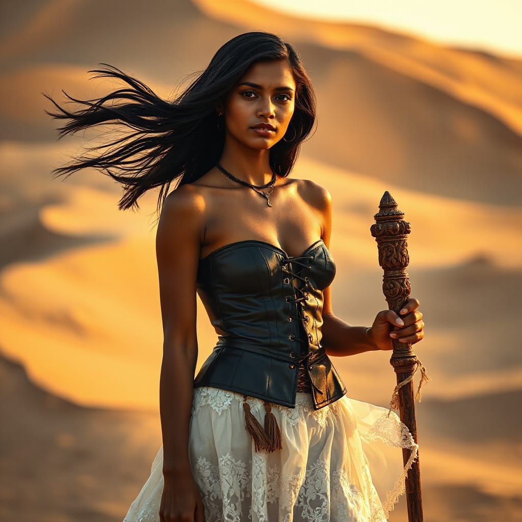 Sri Lankan Woman in Desert Sunset, High-Fashion Photo