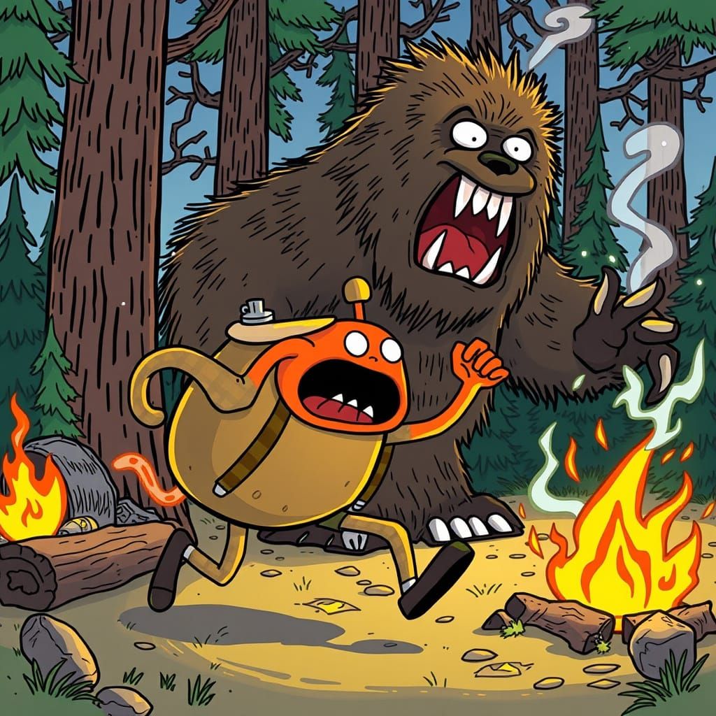 Teapot's Campfire Escape from Bigfoot in Cartoon Style