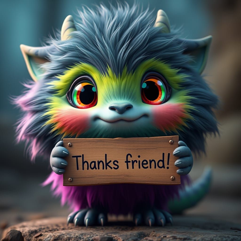 Mythical Creature Holding Thanks Sign in Vibrant Ombre Color...