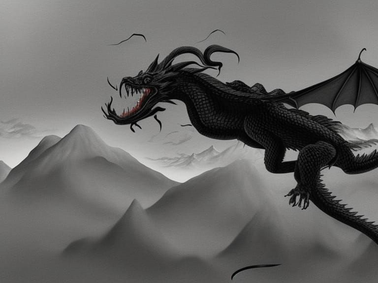 Black Dragon Soaring Over Mountain Range