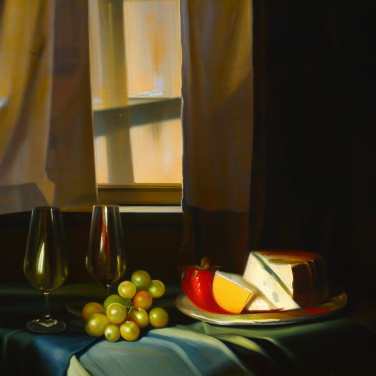 Dutch Still Life: Wine, Fruit, Cheese in Evening Light