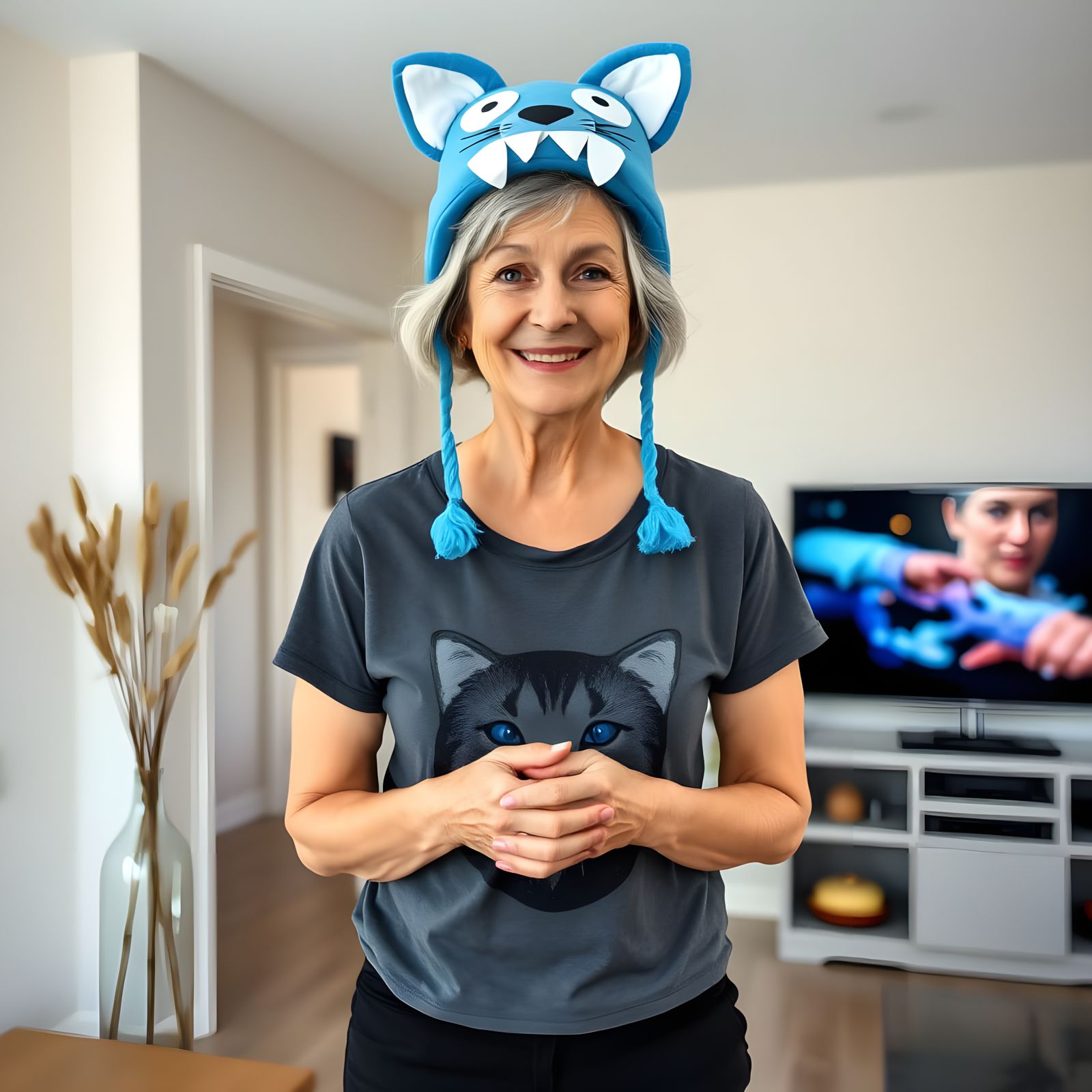 Cheerful Woman in Blue Cat Hat Smiles