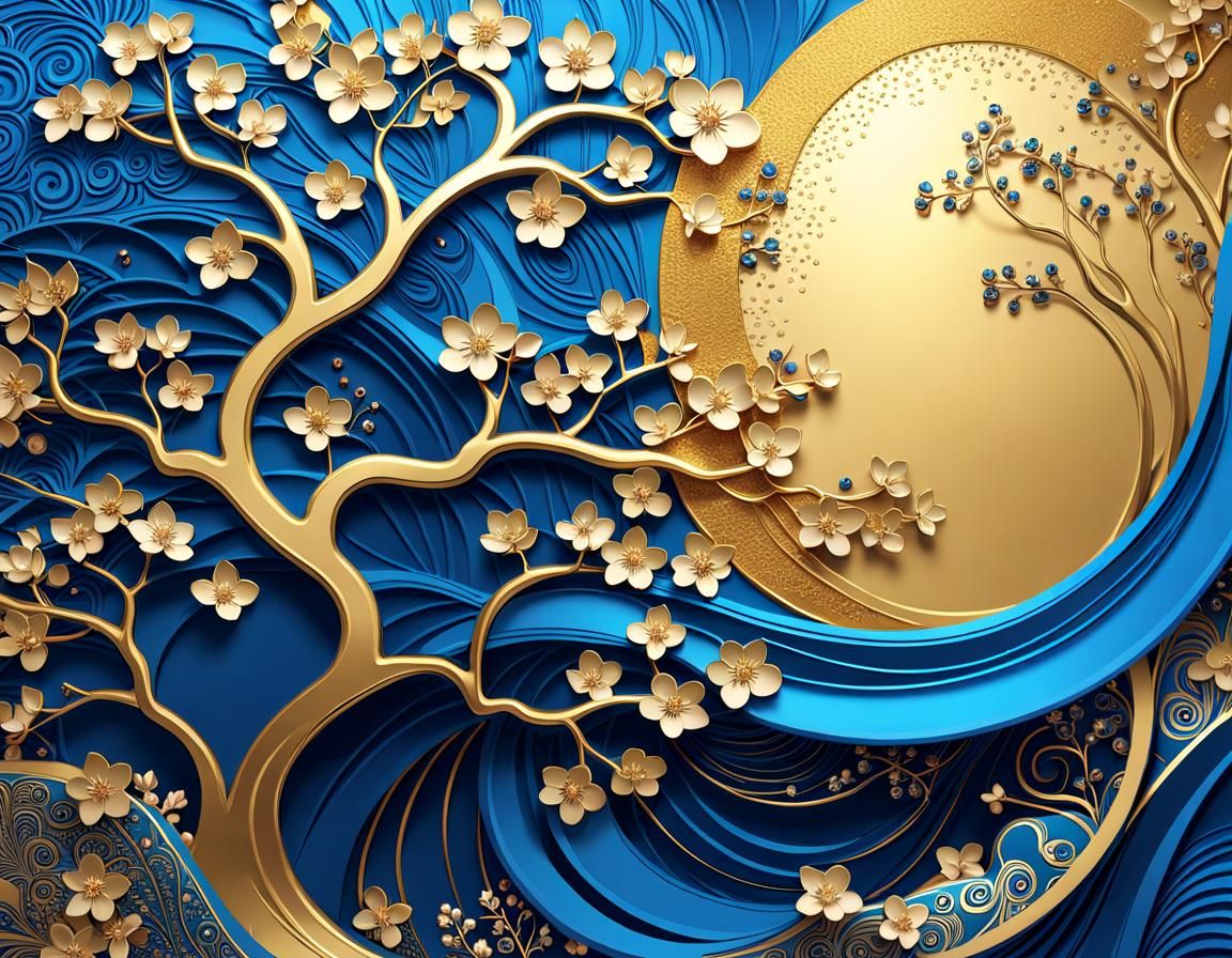 Metallic Gold and Blue Cherry Blossoms in Art Brut