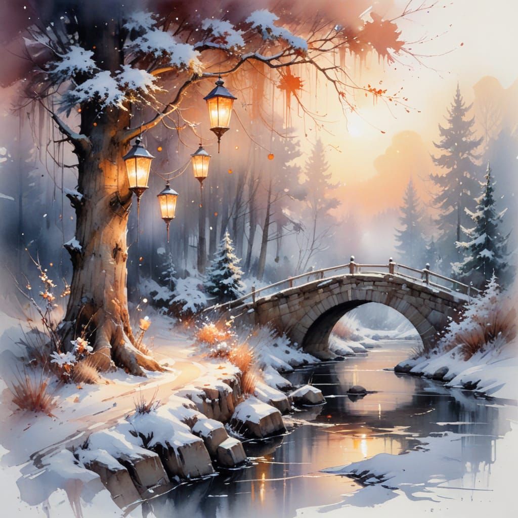 Winter Landscape with Winding Lane in Watercolour Style