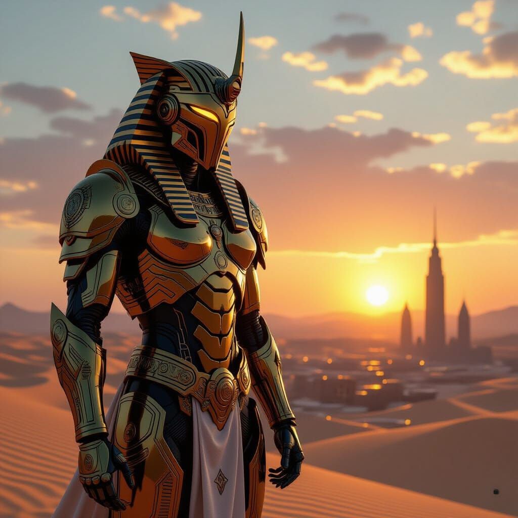 Golden Egyptian Robot Warrior Guards Futuristic City