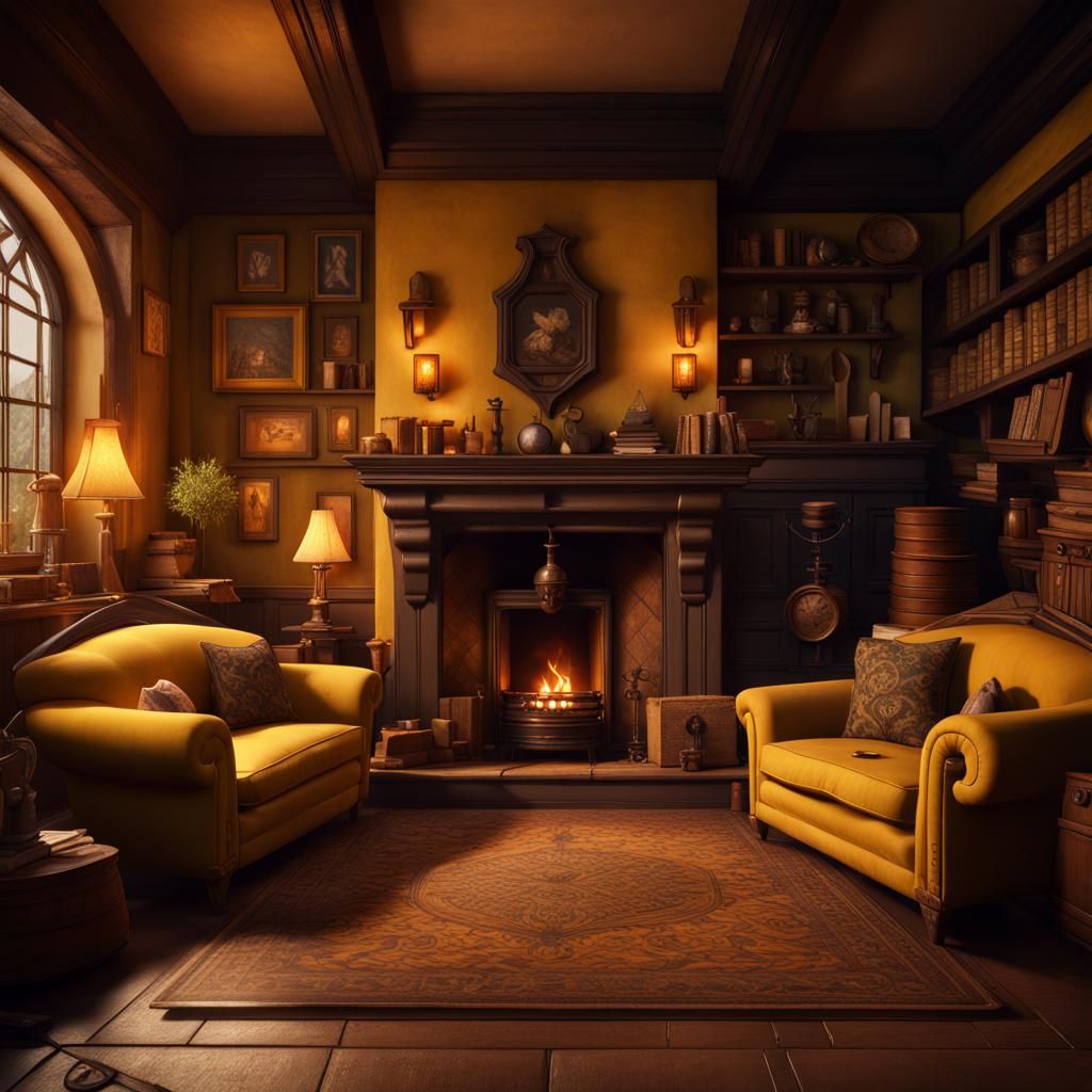 Cozy Hufflepuff Common Room with Badger Fireplace
