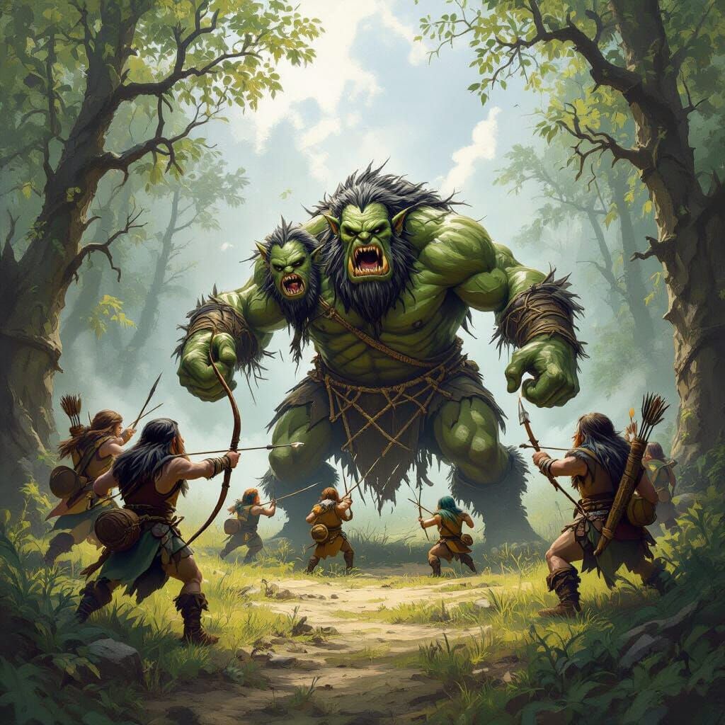 Stoneage Halfling Hunting Party Captures Two-Headed Ogre