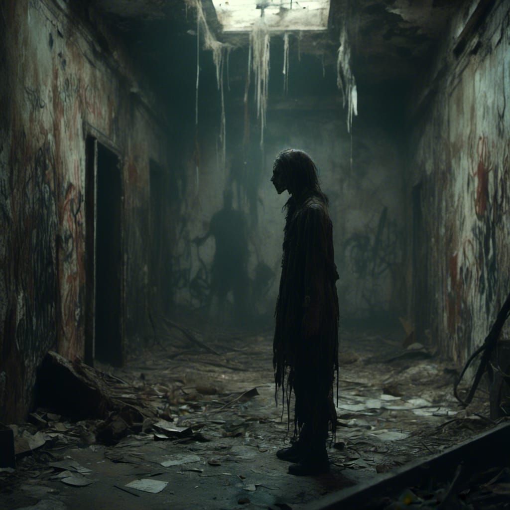 Twisted Figure in Dilapidated Asylum: Horror Realism