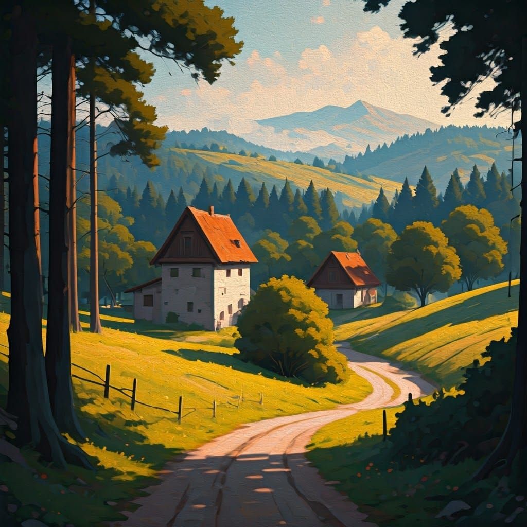 Impressionist Rural Scene in Dreamlike Gouache Watercolors