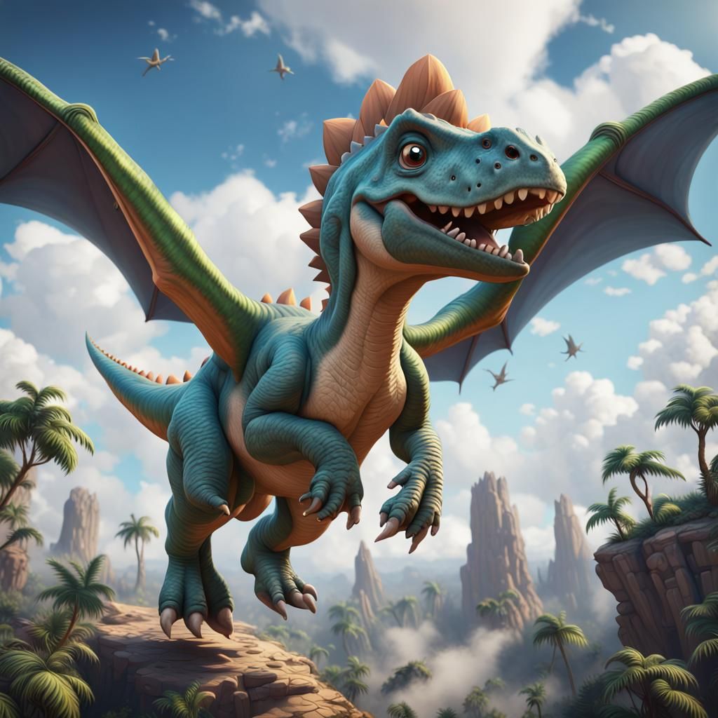 Cute Dinosaur Flying in a Fantastical Sky