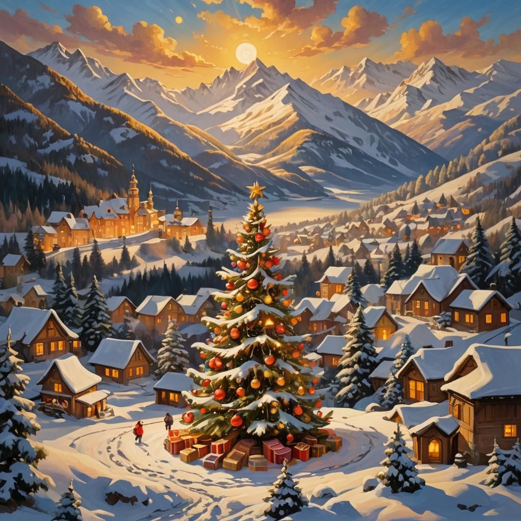 Baroque Christmas Scene with 3D Tree and Mountains