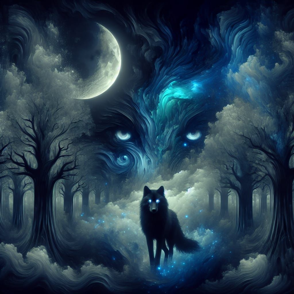 Mystical Black Wolf in Dark Forest