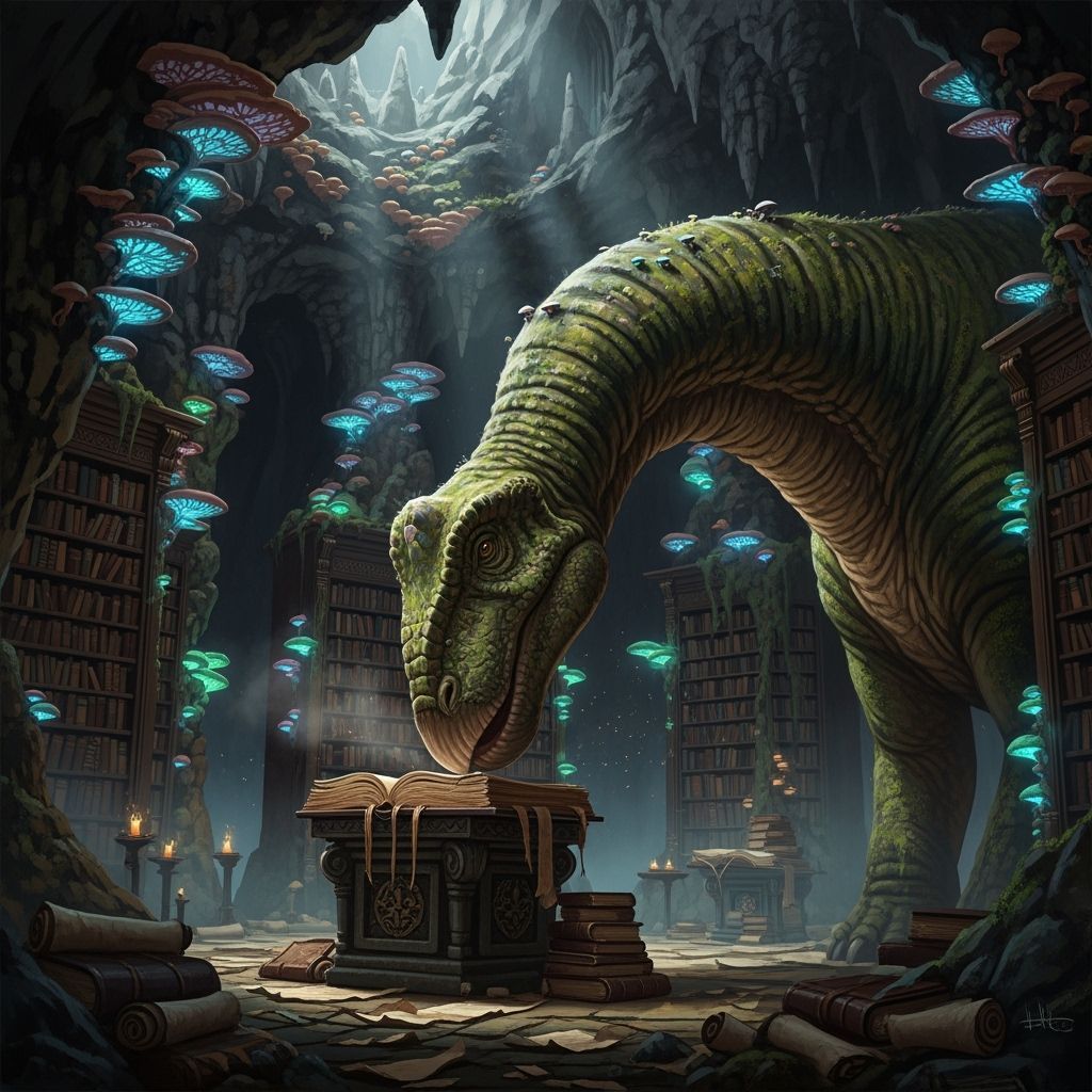 Mossy Brontosaurus Explores Glowing Underground Library