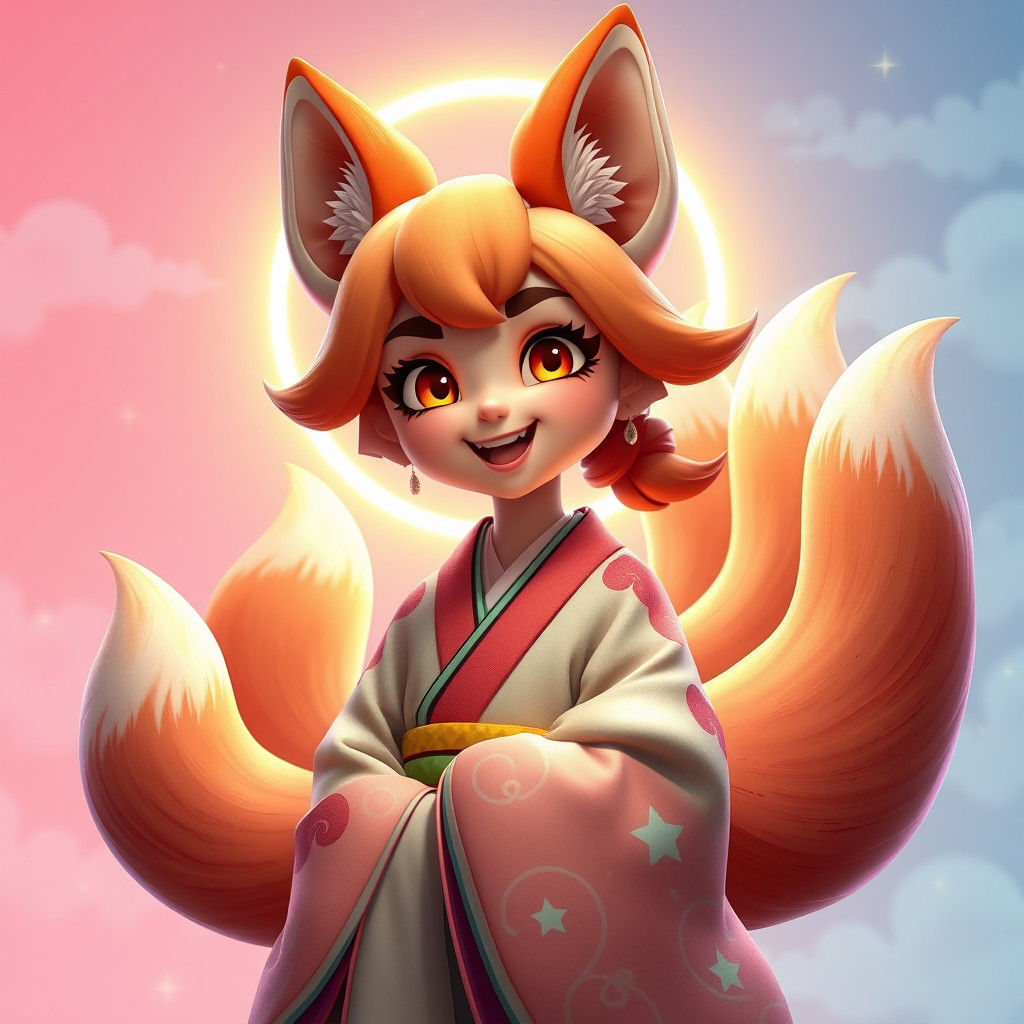 Luminous Nine-Tailed Fox Girl in Pixar-Style 3D Render